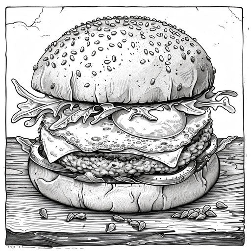 Gourmet burger with egg and arugula, coloring book page