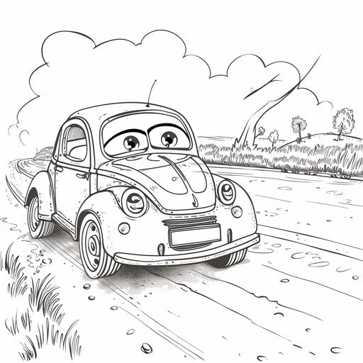 Whimsical cartoon car happily driving down the road