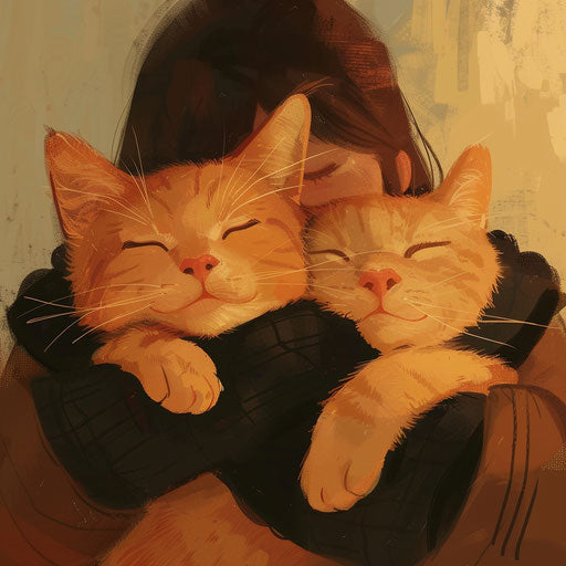 Two cats in kawaii style, red and amber, strong facial expression