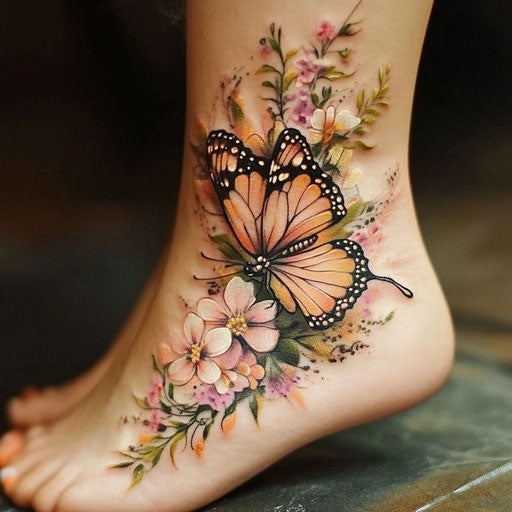 Women's ankle tattoos with delicate butterfly and floral accents