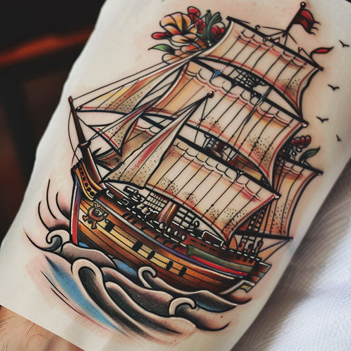 Vintage sailor tattoo of a fully rigged ship in old colors