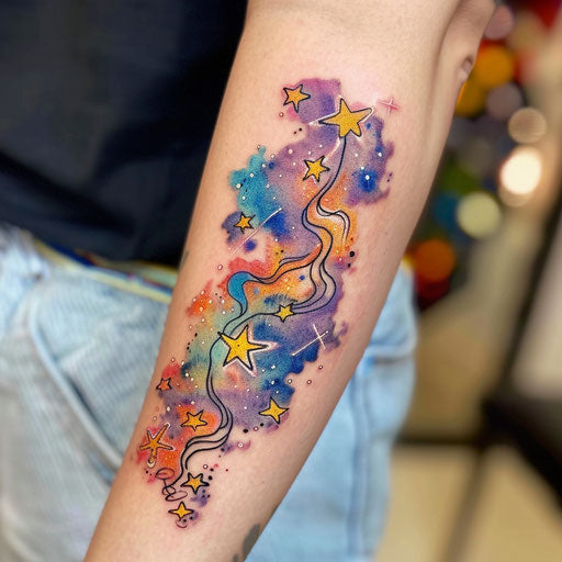 Vibrant flat tattoo sketch of the Aquarius constellation with colorful nebula clouds backdrop