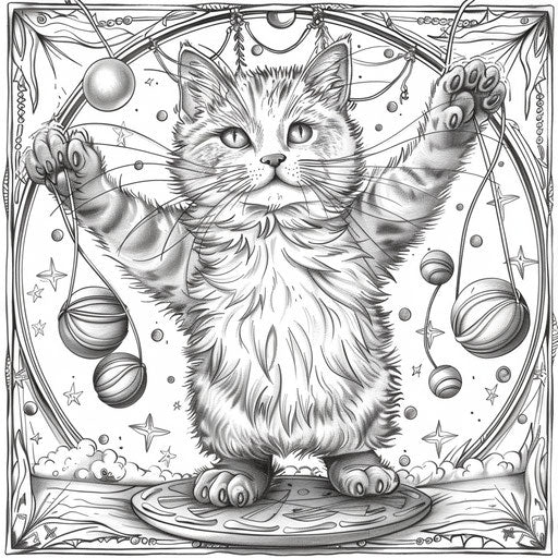 A whimsical cartoon cat juggling balls in a circus.