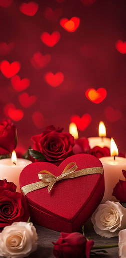 Red heart with gold ribbon surrounded by candles and roses