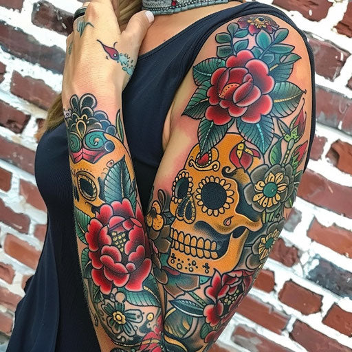 Arm tattoos for women in the style of Ed Hardy with traditional roses and skulls