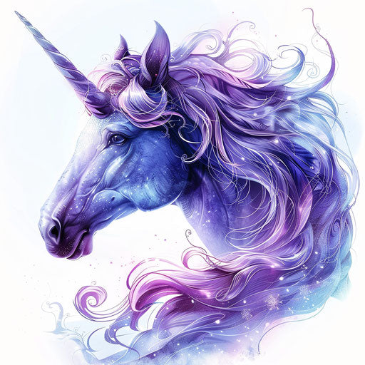 Mythical anime unicorn with shimmering mane, dreamy tattoo artwork on white background
