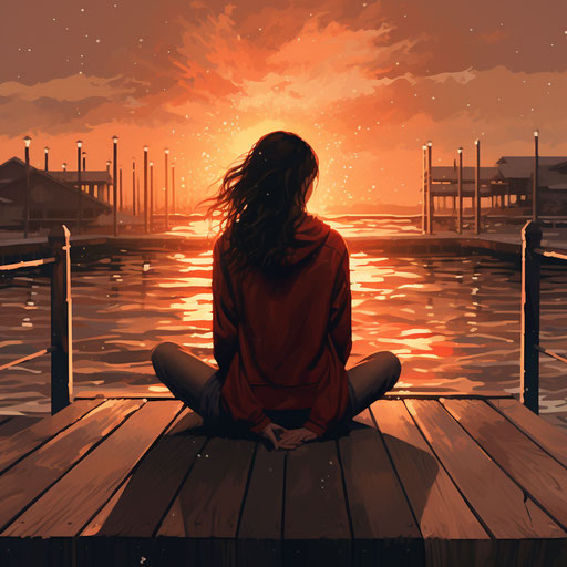 Woman sitting on a pier, dark red and light orange image