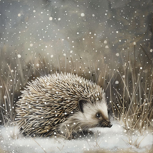 A hedgehog's first snow, its spines dusted with white, a contrast of textures and seasons