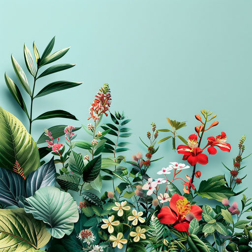 Realistic garden clipart on flat, serene aqua background