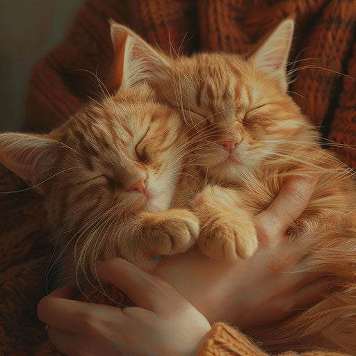 Two cute cats hugging in owner's hands, y2k aesthetic style