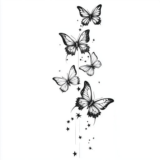 Lower leg tattoo with butterflies and stars on white
