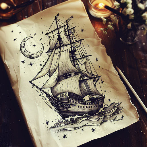 Ship sailing under a starry sky tattoo flash on white sheet