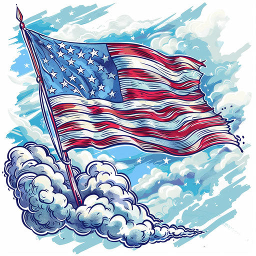 Sketch of patriotic tattoo of a waving flag under a blue sky with fluffy clouds
