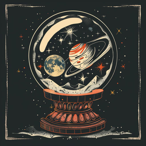 Stylized tattoo sketch of a crystal ball with celestial bodies inside