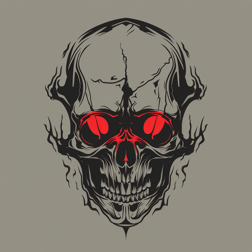 Gothic flat clipart style skull silhouette, black and gray with red eye accents