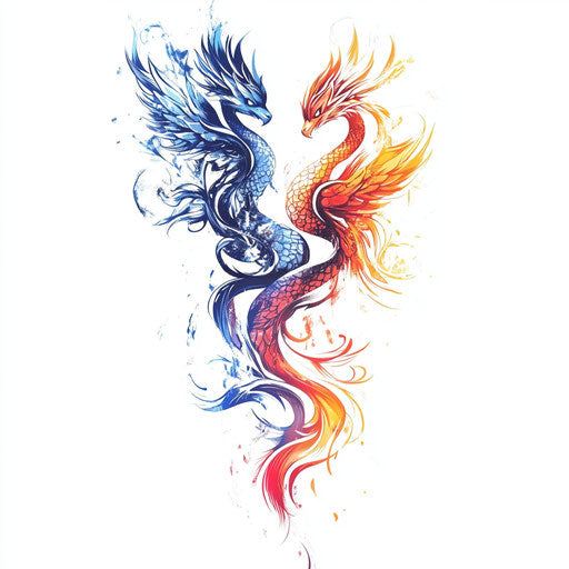 Interwoven tribal dragon and phoenix tattoo drawing