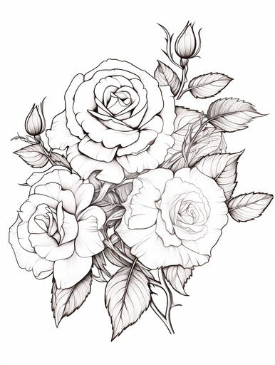 Rose coloring page, subtle tonalities style, sparse, made of flowers, dansaekhwa, natural, anemoiacore, accurate and detailed 3:4