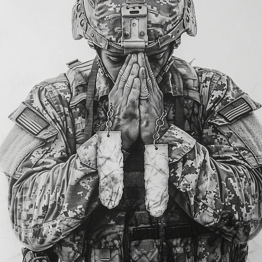 Soldier's prayer, clasped hands on dog tags, white background