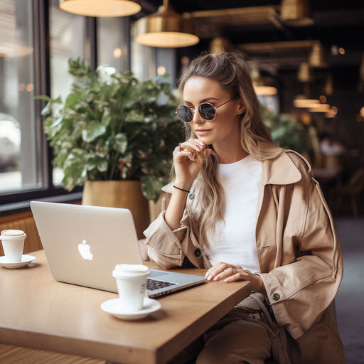 Stylish blogger in a modern urban cafe