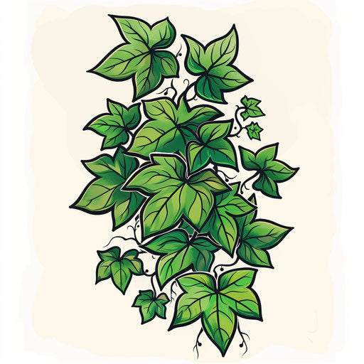 Neo-traditional tattoo design with ivy leaves cluster, bold outlines, bright green shades
