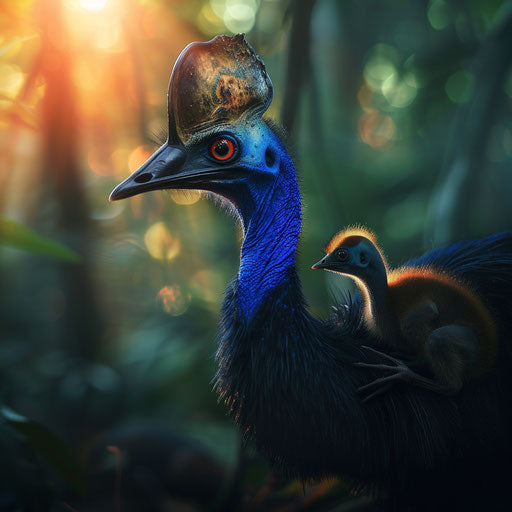 Cassowary with young under soft light, heartwarming moment