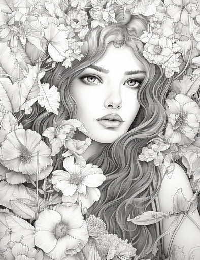 Woman surrounded by flowers and plants - adult coloring page