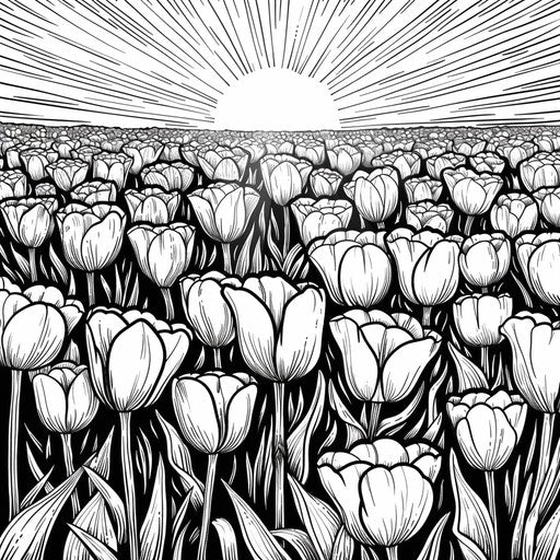 Field of blooming tulips under a bright sun