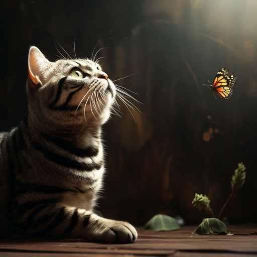 American shorthair cat staring at an insect