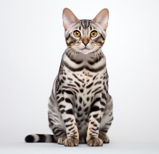 Short-haired Bengal cat on white background, dark silver and light maroon, smooth lines, polka dots 28:27