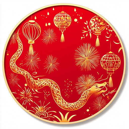 Red circular sticker with gold snake pattern