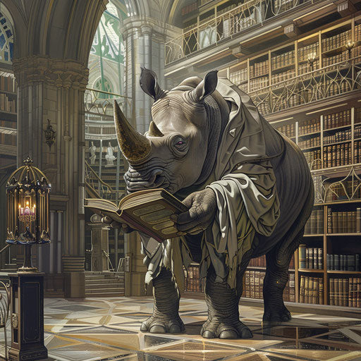 A rhino librarian in a grand library