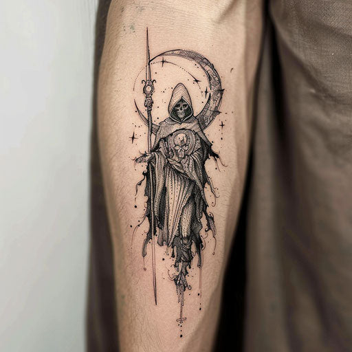 Small tattoo of a dark sorcerer, in the style of Gerald Brom