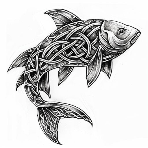 Celtic fish tattoo design with knotwork, white background