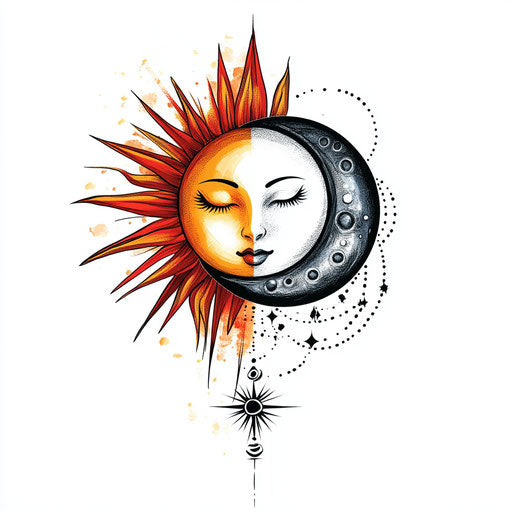 Flat tattoo sketch of sun and moon on white background