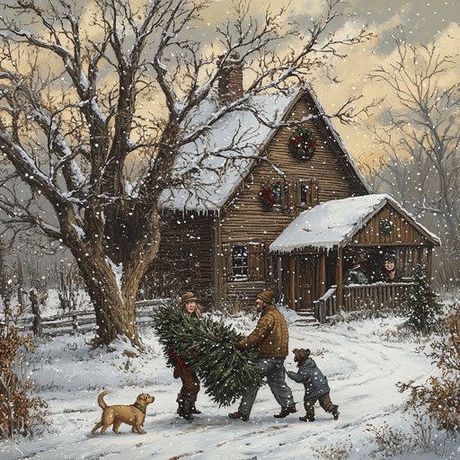 Winter stroll with Christmas tree and playful dogs
