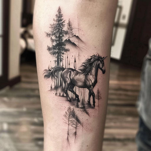 Nature-inspired flat tattoo sketch of a dark horse with a backdrop of dense forest