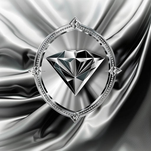High-end beauty logo with a diamond emblem and shimmering silver background