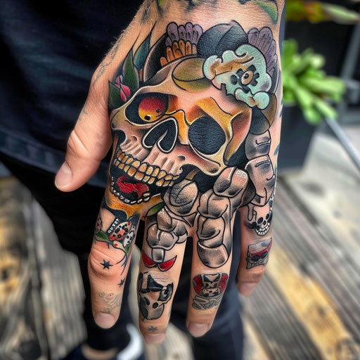 Skull hand tattoo in the style of Steve Sack featuring funny animal characters