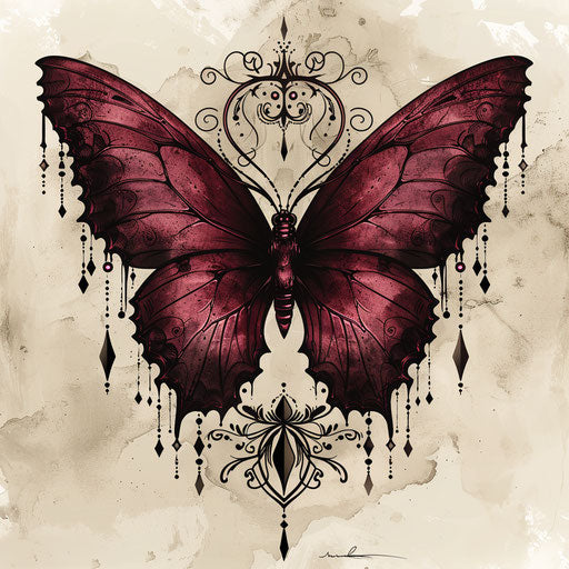 Gothic tattoo sketch of a dark red butterfly with detailed baroque wings