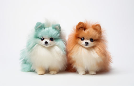 Two small pomeranian dogs sitting on white background