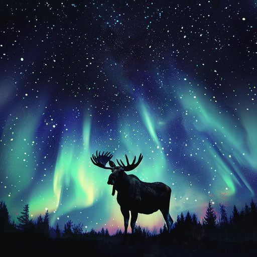 A moose under the northern lights and starry sky