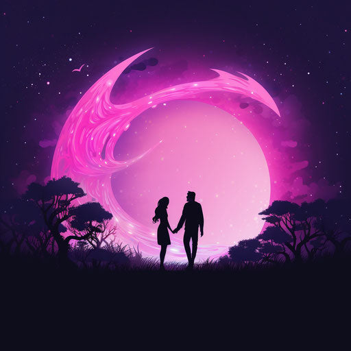 A couple holding hands at night against a crescent moon in violet and pink style, romantic themes