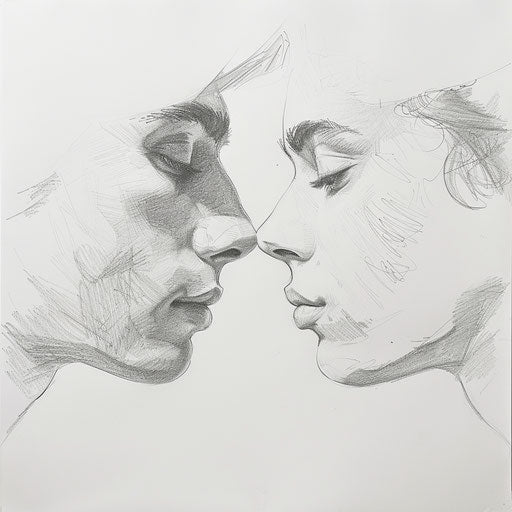 Sketch of two lovers with touching foreheads