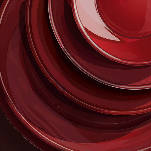 Assorted dishes on maroon flat background with dynamic shadows