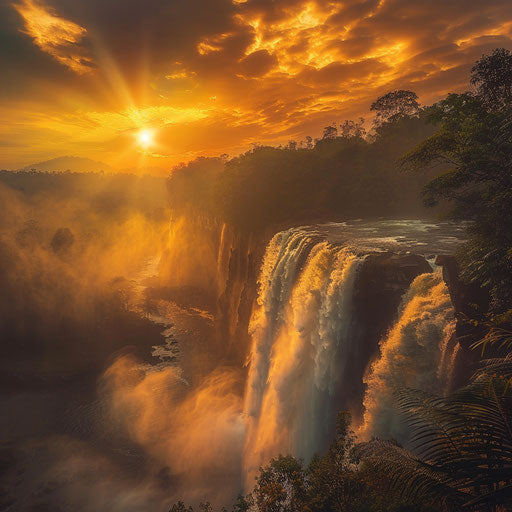 Athirapally Falls with stunning mist and sunset glow