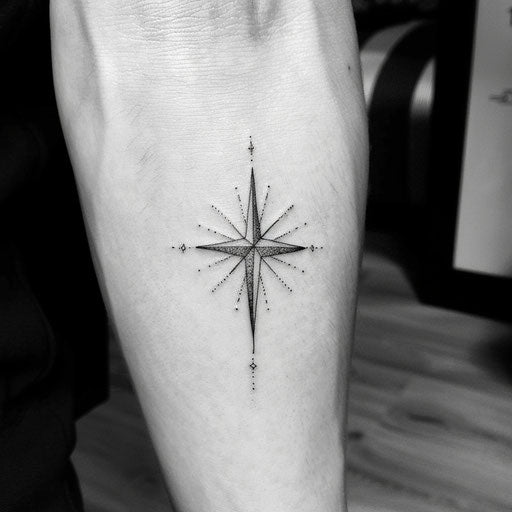 Contemporary flat tattoo sketch of the North Star in minimalist black and gray