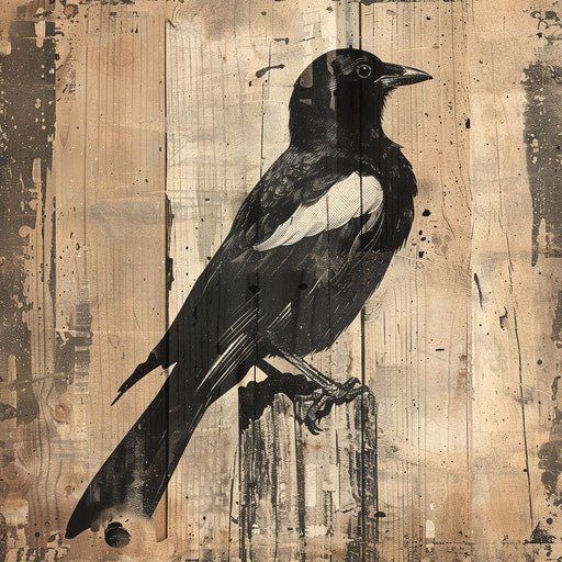 Rustic sketch of a magpie on aged barnwood