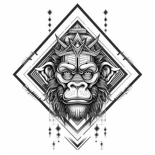 Flat tattoo sketch inspired by art deco with Hanuman framed by symmetrical patterns