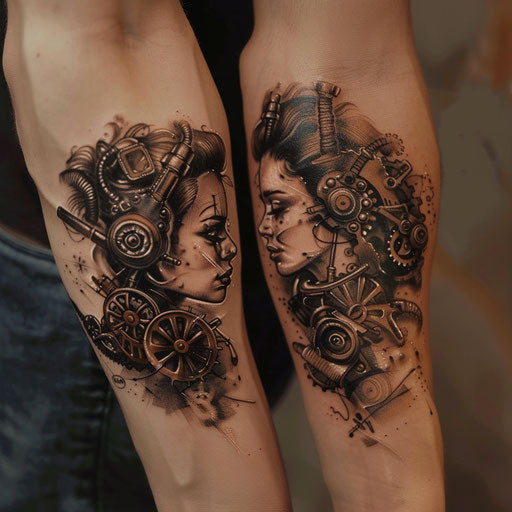 Matched best friend tattoos in the style of Adrian Smith with steampunk elements