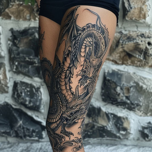 Leg tattoos women in Glenn Fabry style with realistic dragon